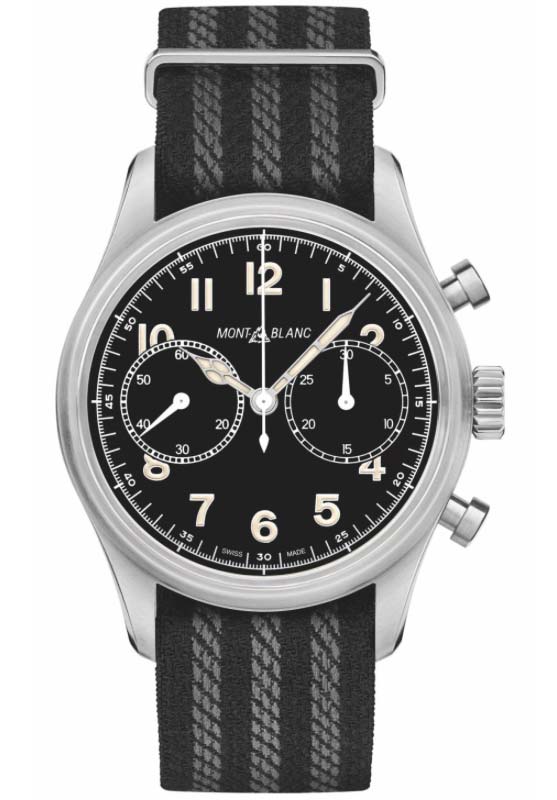 Montblanc 1858 Chronograph in stainless steel on black and grey nato strap 